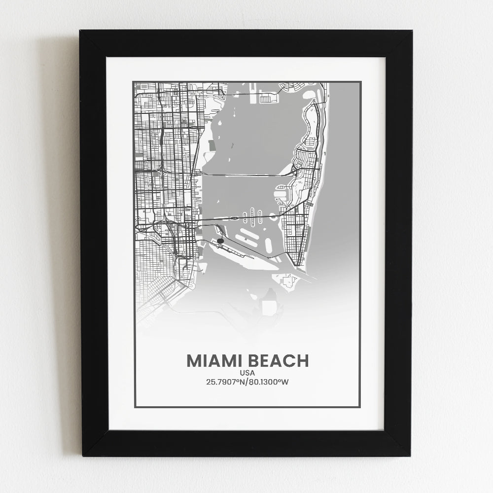 Miami Beach poster print in A4 fotolijst met zwarte rand